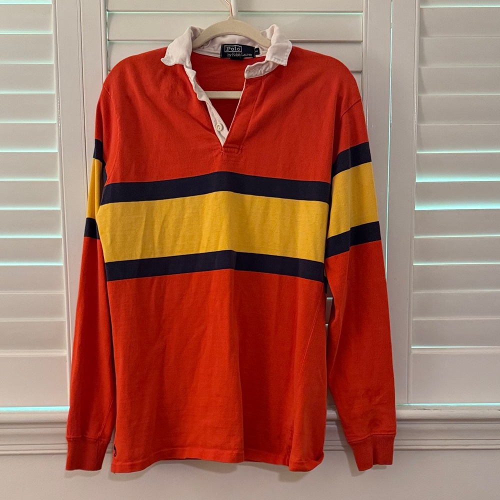 Polo by Ralph Lauren Men's Orange and Yellow Striped Long Sleeve Rugby Shirt